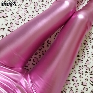 2018春秋新款 女夜店粉色薄 仿漆皮亮面闪光金属色打底裤 外穿仿皮裤