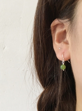5mm天然碧玉翡翠加玉足银999纯银绿色小耳坠耳环耳钩养耳防过敏女