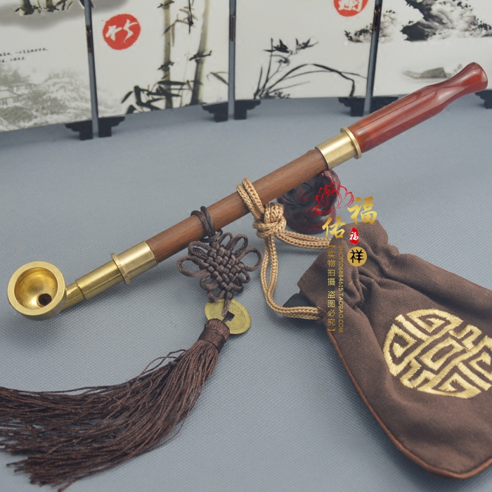 传统老式烟斗 烟袋锅旱烟袋 纯黄烟锅 玛瑙烟嘴 手工花梨木旱烟杆