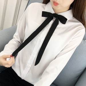 学院风甜美白衬衫女长袖修身百搭蝴蝶结职业装工装衬衣学生春秋