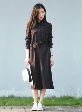 春秋长款衬衫裙文艺范显瘦收腰系带长袖过膝棉麻黑色衬衫连衣裙女