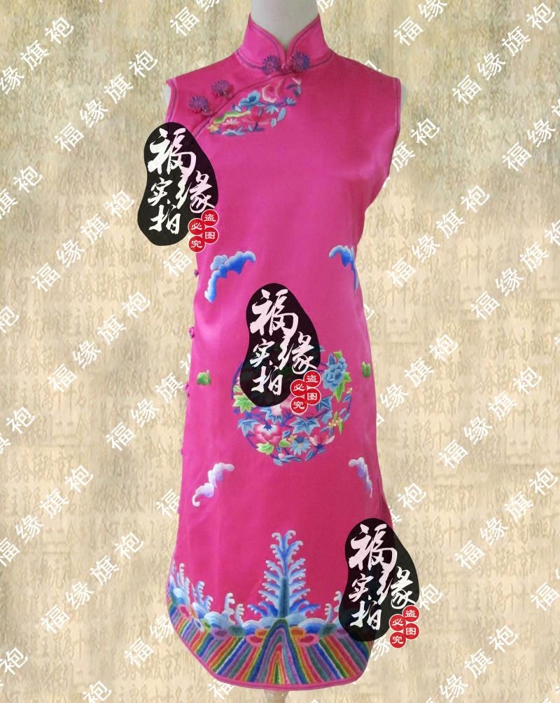 玫红重磅真丝纯手工苏绣长马甲旗袍式唐装礼服上衣 高端手工定制