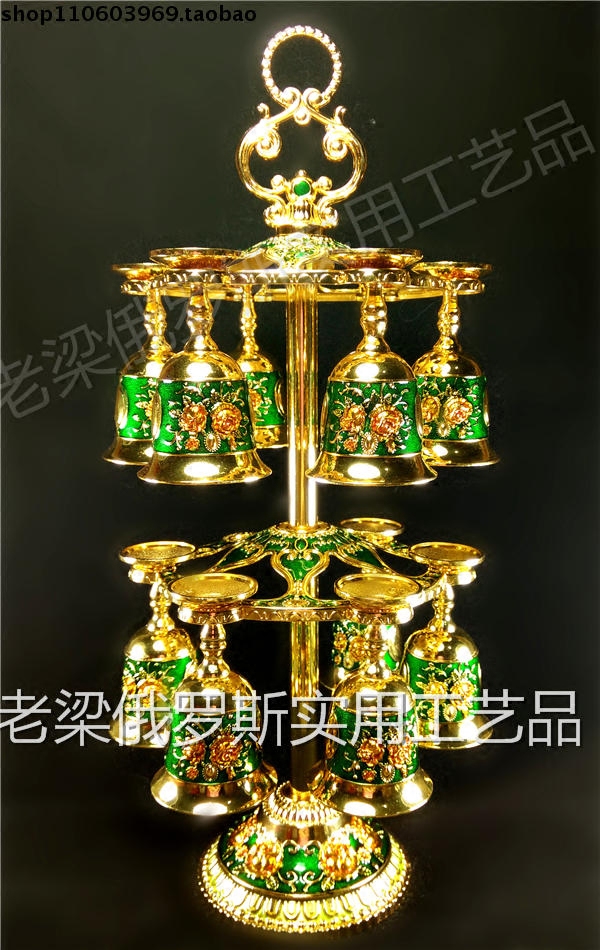 Z3俄罗斯锡合金属酒具13件套装双层高脚杯挂酒杯架金边绿色桔玫瑰