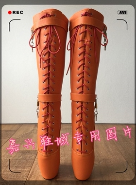 【嘉兴鞋城】桔色仿皮PU芭蕾侧边皮带铜锁装饰高筒女靴 BLZB70XJb