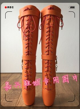 【嘉兴鞋城】桔色仿皮PU芭蕾侧边皮带铜锁装饰高筒女靴 BLZB70XJb