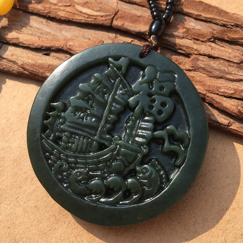 天然新疆和田玉一帆风顺吊坠圆牌青玉福到挂件玉佩车挂男女送证书