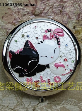Z2新款俄罗斯金属双面折叠化妆镜银白色圆形hello kitty情侣猫咪