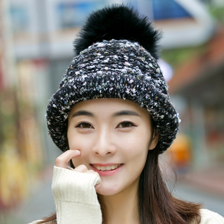 手工编织毛线帽子秋冬天韩版女冬季逛街保暖卷边加厚球球针织帽潮