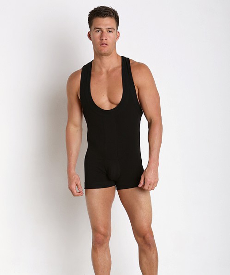 定制男士性感连体内衣紧身纯棉低领专业提臀内裤纯色无袖打底衫