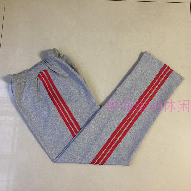 春夏秋中小学生男女校服裤子宽松 校裤 纯棉浅灰色红三杠校服裤子