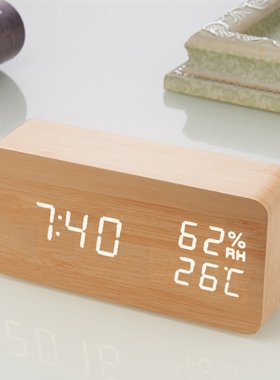 闹钟铃创意静音懒人夜光复古电子时钟时尚led木头钟声控新款湿度