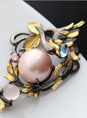 手工珍珠托帕石高档女士银吊坠