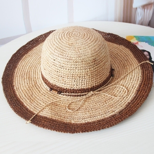 拉菲草帽子女士夏天沙滩帽韩版 潮防紫外线遮阳防晒可折叠拼色帽子