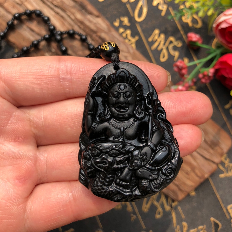 天然黑曜石财神吊坠转运护身男女款大黑财神玉佩项链送证书