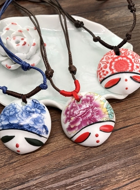 手工复古陶瓷美人脸项链