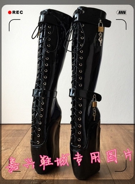 欧美超高跟黑色漆皮芭蕾前系带双皮带芭蕾包跟高筒靴 BLZB701