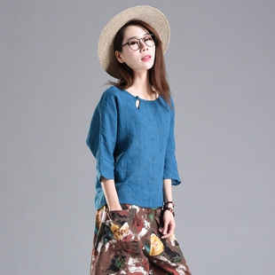 2025年原创设计纯亚麻圆领休闲复古上衣夏季套头衫盘扣小衫小清新