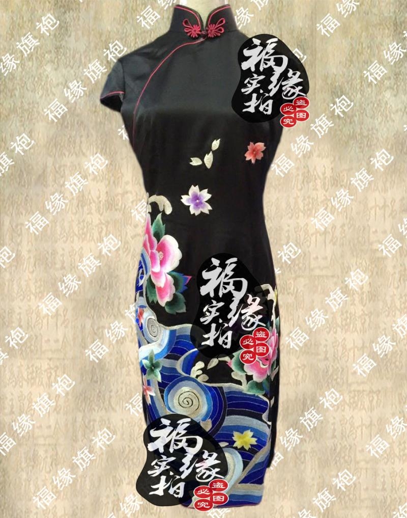 高端黑色重磅真丝江畔牡丹绣花旗袍裙定做 时尚修身通勤唐装礼服