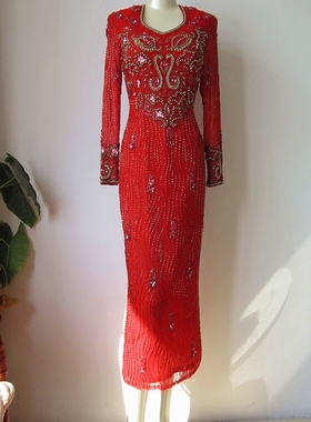 法国原单重工真丝钉珠复古旗袍新娘婚纱晚礼服晚宴酒会演出连衣裙