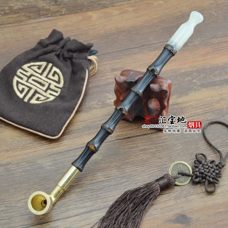 手工紫竹旱烟袋烟袋锅 玉石烟嘴黄铜烟锅竹节烟斗 老式烟袋杆25cm
