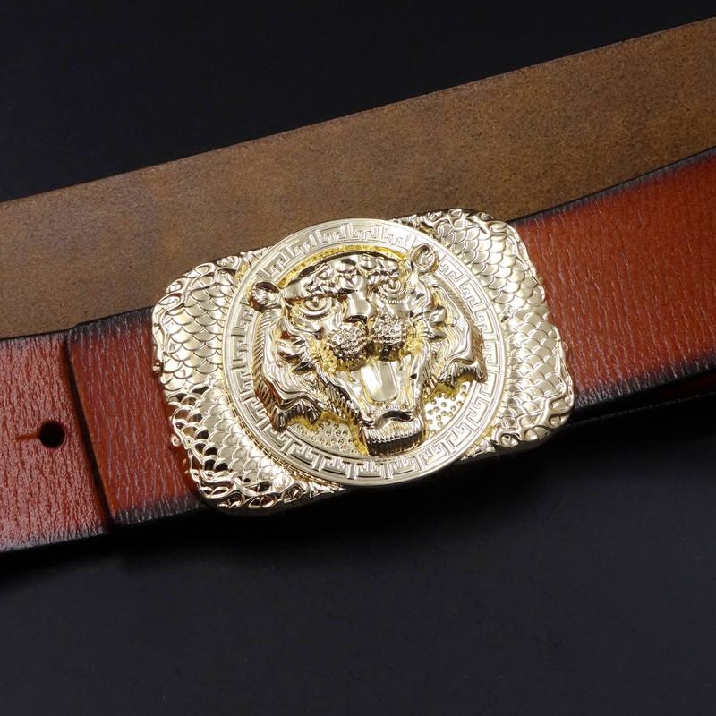 个性虎头男士平滑扣皮带复古真皮休闲牛仔裤带潮青年牛皮腰带包邮