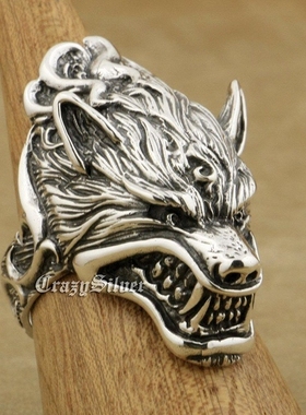狼头男士复古纯银戒指
