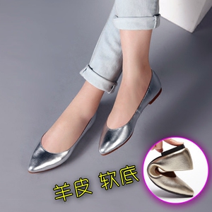 羊皮平跟鞋复古手工单鞋尖头简约百搭女鞋春秋浅口素色软皮软底鞋