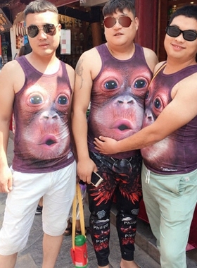 搞笑嘟嘟猴子3d大猩猩汗背心 胖大码男装 创意立体动物图案打底衫