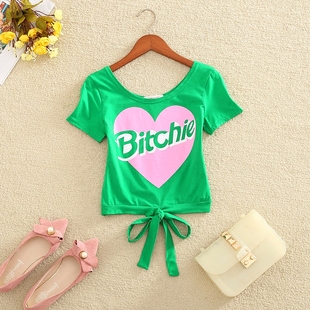 超短上衣女夏季新韩版时尚蝴蝶结紧身显瘦百搭高腰漏肚脐t恤女潮