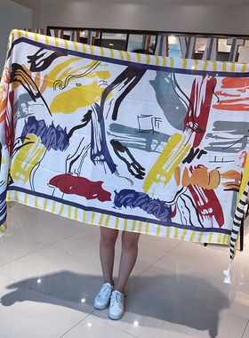 新款手绘印花艺术棉麻流苏围巾海边沙滩巾度假旅游防晒披肩 潮