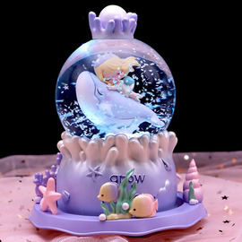 梦幻儿童水晶球海豚女孩生日礼物，音乐盒公主飘雪八音盒高级感摆件