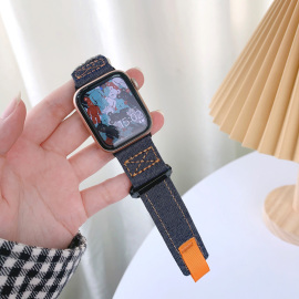 适用s9苹果applewatch手表带千鸟格尼龙帆布，魔术贴运动iwatch8表带ultra2野径回环式登山se高级7腕带男女