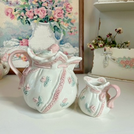 铛哩铛vintage|可爱复古耐高温粉色浮雕玫瑰小布兜丝带水杯壶