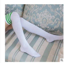 袜子女日系高筒袜女长筒袜白色绿条过膝袜足球袜女学生堆堆袜