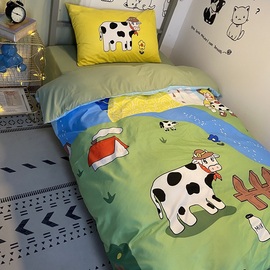 卡通风可爱奶牛四件套床上用品绿色被套床单床笠学生宿舍三件套夏