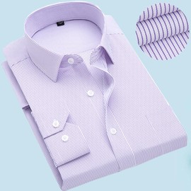 秋季长袖衬衫男商务职业工装浅紫色条纹衬衣男上班正装工作服寸衫