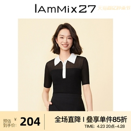 IAmMIX27短袖针织套头衫女夏季个性撞色拼接通勤百搭POLO领针织衫