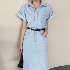 韩国chic夏季法式复古翻领短袖牛仔衬衫+高腰显瘦包臀半身裙套装