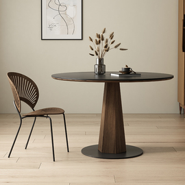 实木圆形岩板餐桌简约小户型，纯黑圆桌复古黑胡桃色家用餐厅饭桌