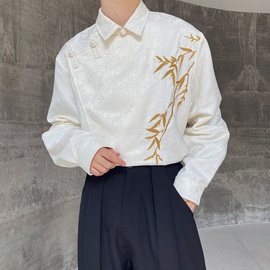 秋季高级感提花绣竹衬衫，男长袖小众，盘扣设计感复古新中式国风衬衣