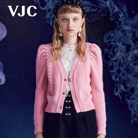 VJC/威杰思秋冬女装粉红色针织长袖宫廷泡泡袖短款开衫