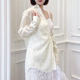 春秋白色气质休闲系带衬衫雪纺薄款透视设计感上衣美少女