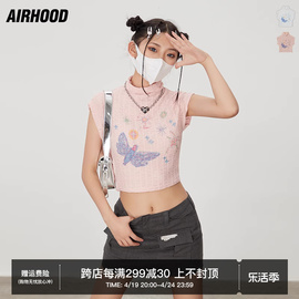 airhood美式复古辣妹蝴蝶多巴胺，粉色高领无袖t恤女短款露脐上衣夏