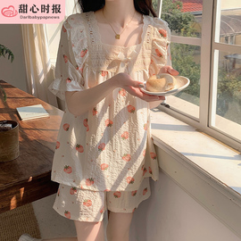 大码纯棉带胸垫睡衣女夏天薄款家居服短袖夏季可爱草莓套装睡裙