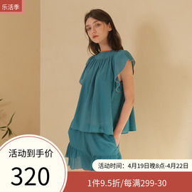 朵朵可可睡衣女 2024夏季纯棉圆领荷叶袖短裤薄款家居服套装