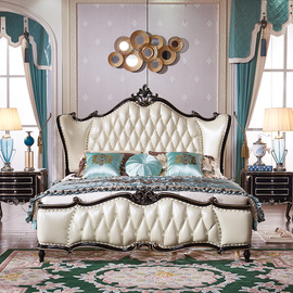 欧式实木床双人床1.8米婚床黑檀橡木雕花真皮床，美式奢华主卧大床