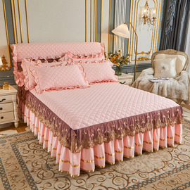 夹棉加厚床裙三件套加棉床罩韩式公主风蕾丝，纯色床单1.8m防滑床套