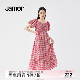 Jamor气质方领连衣裙红格子裙子夏蝴蝶结甜美中长连衣裙