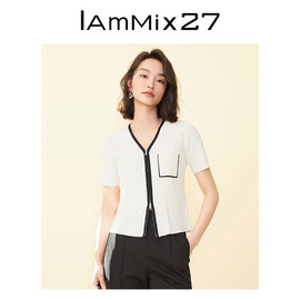 iammix27法式v领针织，开衫女夏季撞色镂空不对称修身显瘦针织上衣