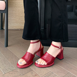 凌子liz气质法式凉鞋，女2024年羊皮，粗跟一字带高跟鞋露趾夏季